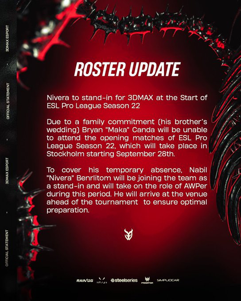 Nivera将在EPLS22赛事初期替补Maka出战