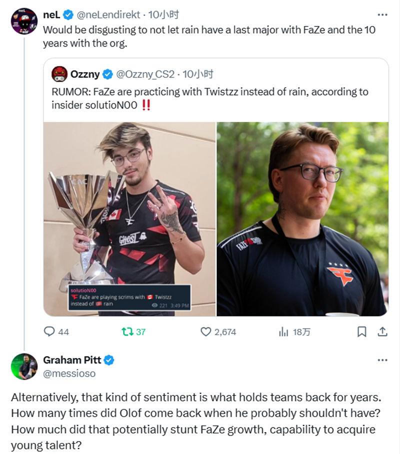 neL：FaZe选择在Major前换rain有点不近人情