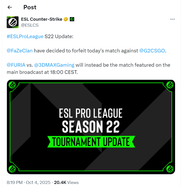 官宣：FaZe放弃稍后对阵G2的比赛