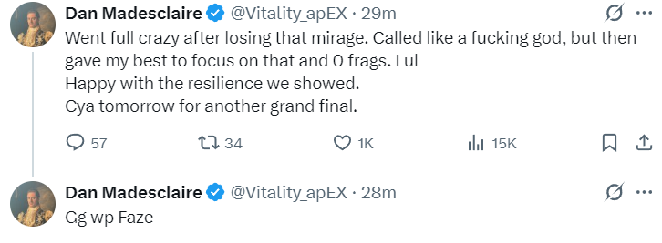 Vitality战胜FaZe晋级决赛赛后双方队员动态一览